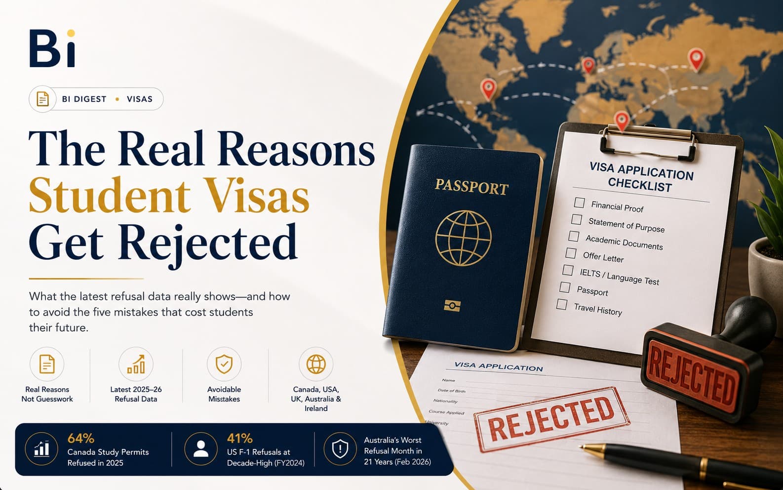A passport and a visa application checklist next to a world map with pinned destinations and a red REJECTED stamp on a desk